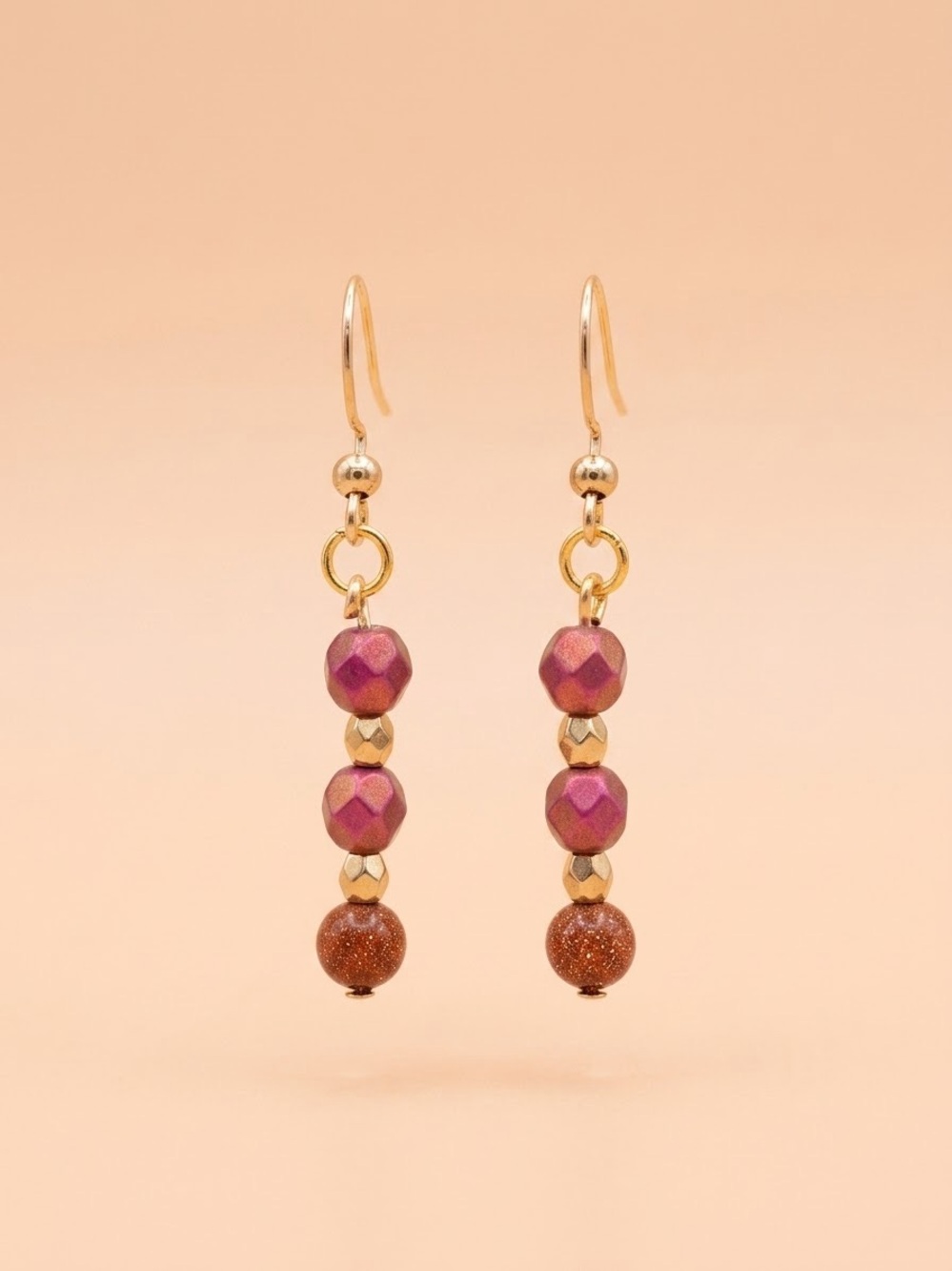 Hand Crafted Gold-Tone Earrings with Pink and Brown Beads